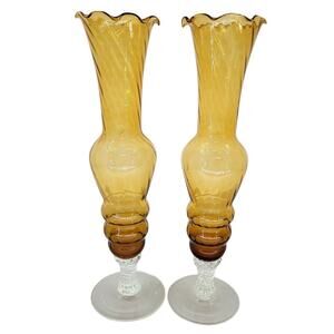 Vintage Pair Amber Swirl Footed Art Glass Bud Vases Clear Base Mid Century 10 in